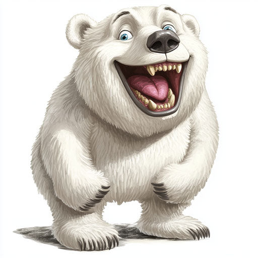 Humorous caricature of a polar bear with human characteristics