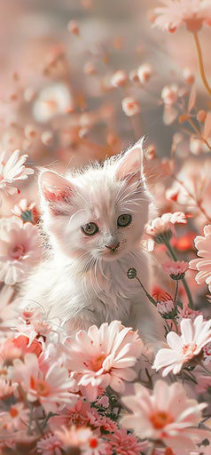 White kitten sitting among flowers, colorful ink wash style