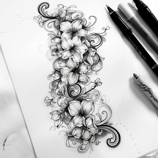 Elegant flat tattoo sketch of sakura blooms intertwined with traditional Japanese patterns