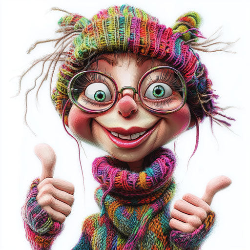 Humorous caricature of a knitting caricature with human characteristics