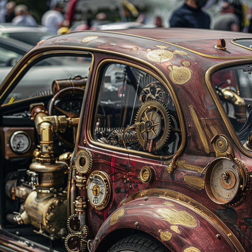 Steampunk Alfa Romeo Alfasud with brass fittings and mechanical gears, exhibited at a vintage car show.