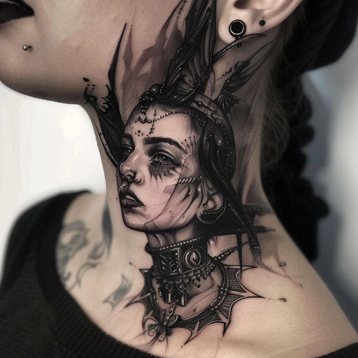 Throat tattoos with dark surrealism, in the style of Gerald Brom