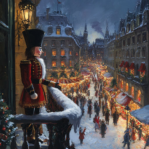 The Nutcracker on a snowy balcony