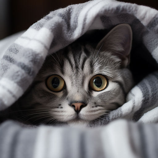 American shorthair cat under blankets with head peeking out.