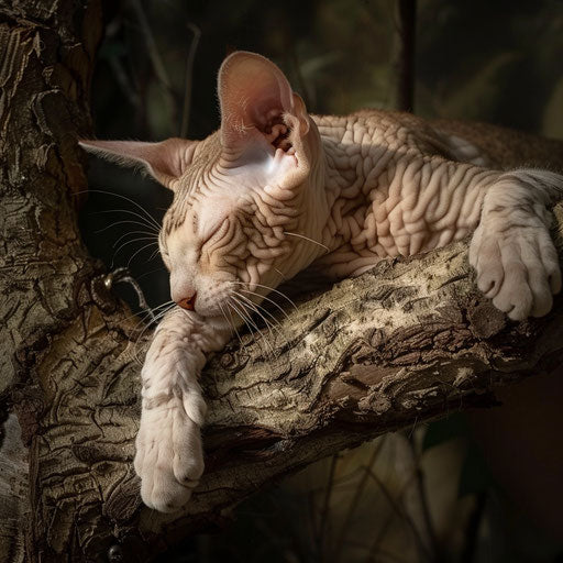 Cornish rex cat lying on a tree branch