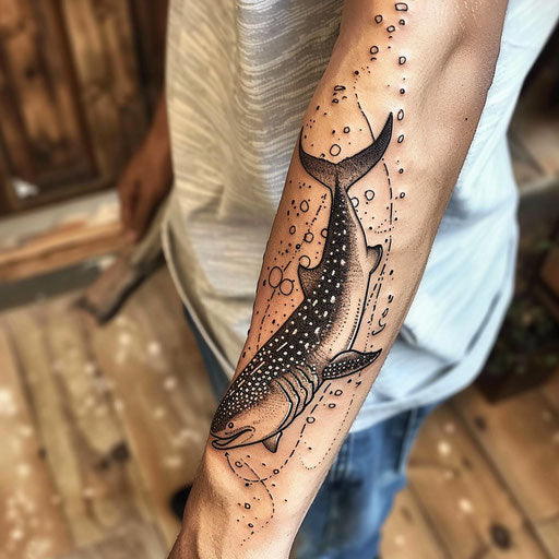 Elegant sketch of a whale shark gliding through water with delicate bubbles