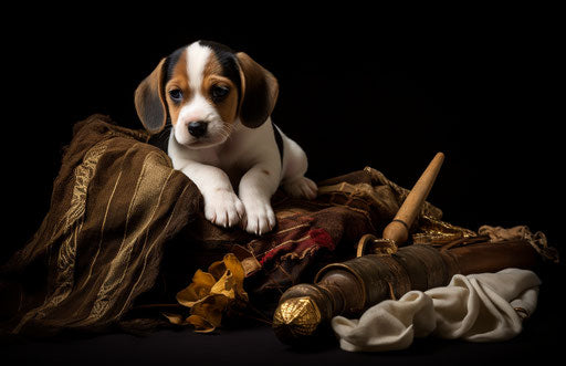 Beagle puppy chewing on a bone, slumped style, luxurious