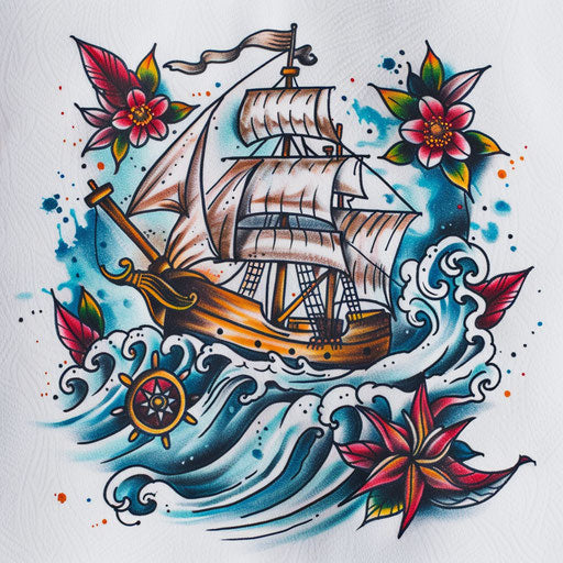 Classic nautical theme tattoo with ship, compass, and waves