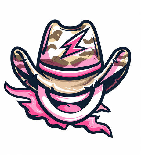 Pink and white vector logo of a happy emoji with cowboy hat