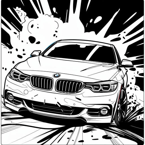 BMW car in a lively, expressive cartoon scene