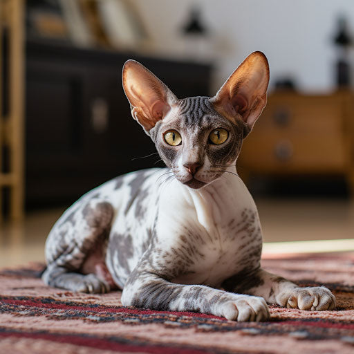 Cornish rex cat lying on a carpet