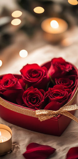 Romantic atmosphere with red heart, roses, candles, warm glow