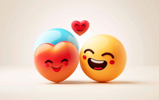 Two cute smiling emojis with hearts, love and romance