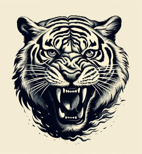 Black and white tiger head illustration, screen printing style
