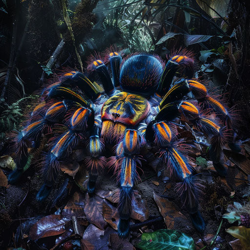 Vibrant colored tarantula on the dark forest floor