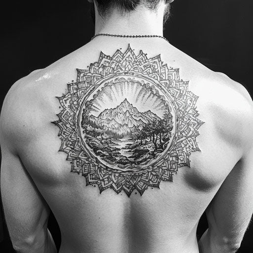 Mandala tattoo man with transitioning fantasy landscape