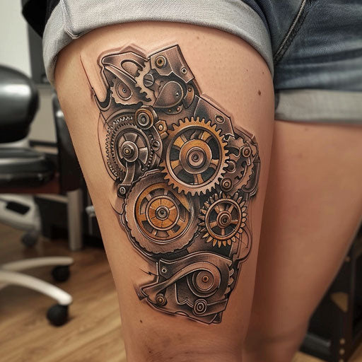 Steampunk gear thigh tattoo in the style of Glenn Fabry