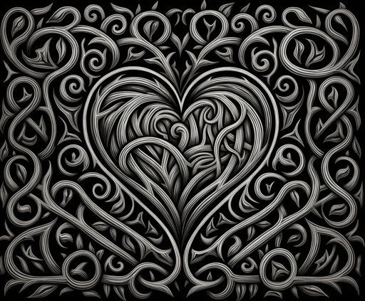 Free Celtic heart pattern, sentimental realism style, dark silver and black, twisted branches, heavy inking 75:62