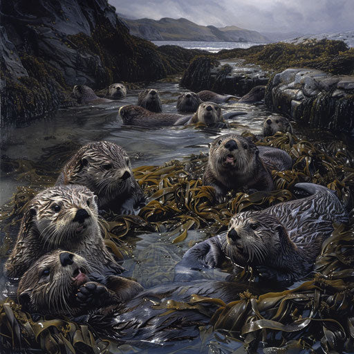 Sea otters in a tidal pool, interacting with various marine species
