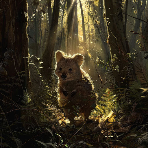 A quokka navigating the dense underbrush of an ancient forest, illuminated by shafts of sunlight