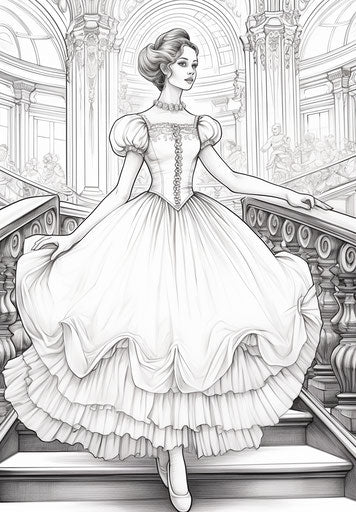 Ballerina coloring page, colorful Moebius style, grisaille, tondo 23:33