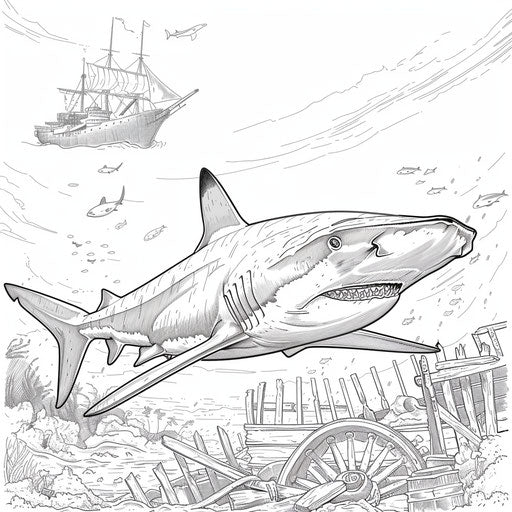 Hammerhead shark swimming above a shipwreck. Coloring book page