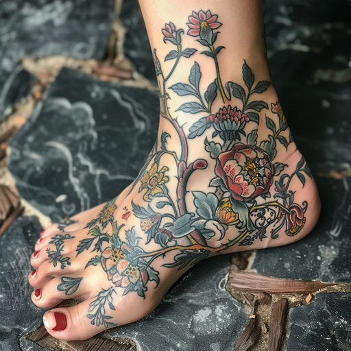 Foot tattoos in the style of Maria Sibylla Merian with floral designs