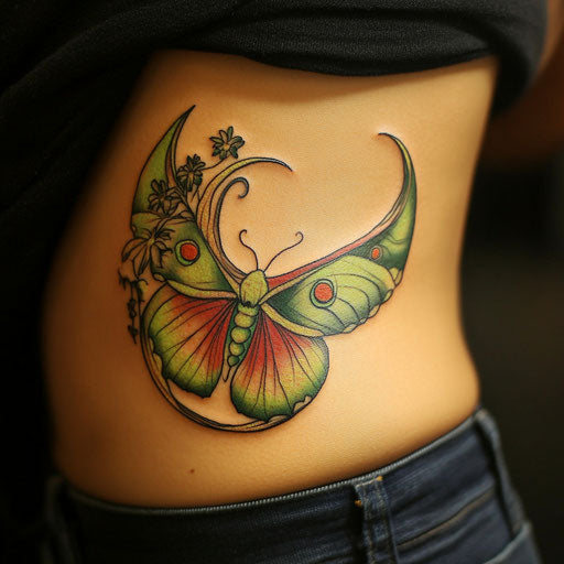 Luna moth tattoo in the style of Humberto Ramos with vibrant colors on side