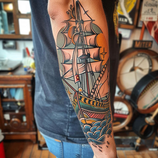 Nautical theme forearm tattoo, Sailor Jerry style