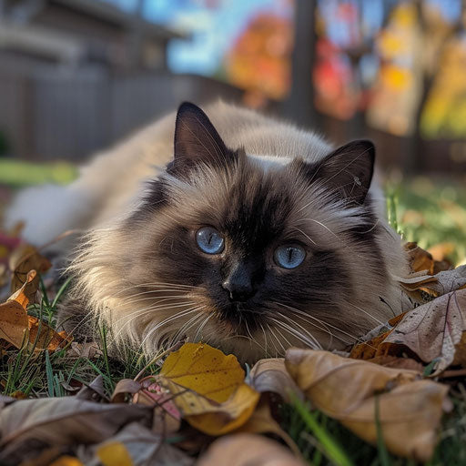 Himalayan cat playing with autumn leaves in a backyard