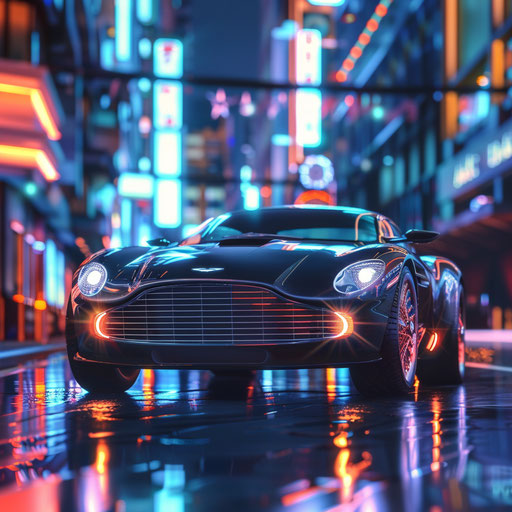 Futuristic Aston Martin DB6 concept car with sleek, aerodynamic lines and neon underglow, driving through a neon-lit city at night