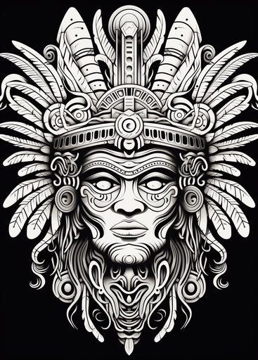 White mask of Native American tribe with headdress, intricate line work
