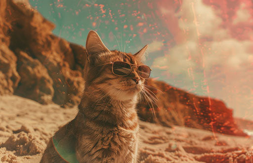Cat on beach, futuristic style, deep heat, warm amber