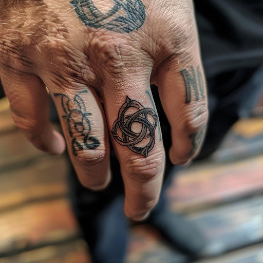 Tattoo of a ring of an intricate Celtic knot on the finger