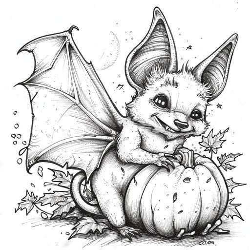 Whimsical bat holding a pumpkin and smiling