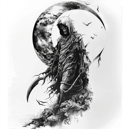The grim reaper moons and scythes tattoo design, matte photo style