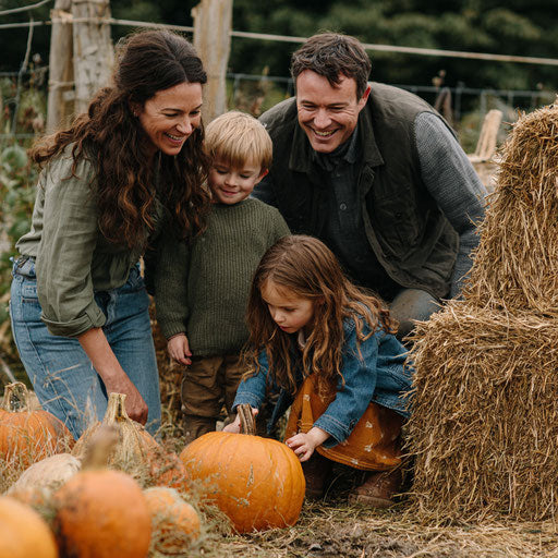 A cheerful family scene with children and pumpkins