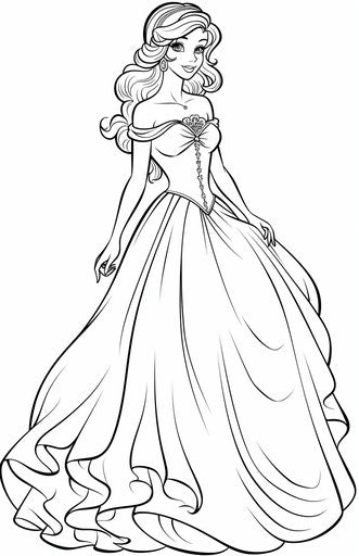 Princess coloring page with long dress, comic art style, traditional animation 11:17