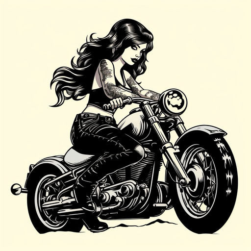 Motorcycle girl on bike sticker, like chris samnee style