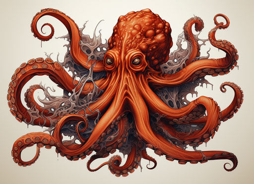 Realistic octopus in necronomicon style, light orange and dark brown
