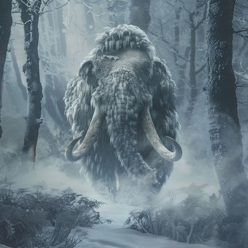 Woolly mammoth in a misty frozen forest
