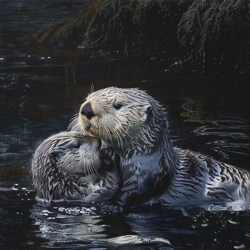 Otter mother teaching her pup in the calm waters of a protected cove.