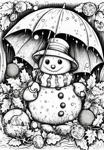 Coloring page of a snowman with umbrella