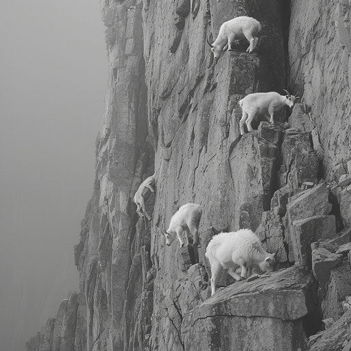 Mountain goats climbing a sheer cliff