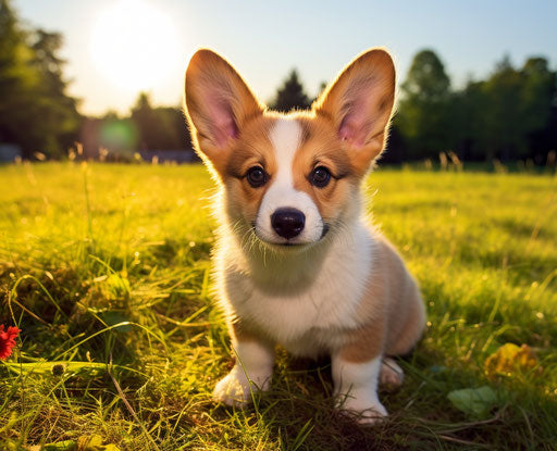 Young corgi puppy staring into the camera on a grassy field