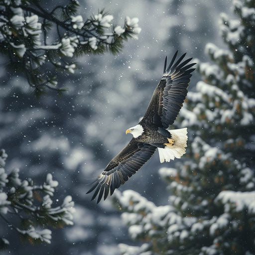 American eagle flying in a snowstorm in the Sierra Nevada