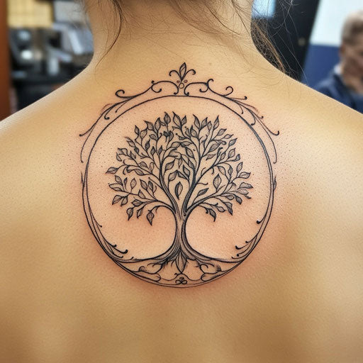 Feminine tattoos with an elegant tree of life, in the style of Glenn Fabry