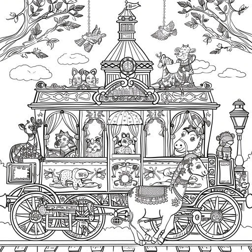 Whimsical circus train with animals peeking out of cars