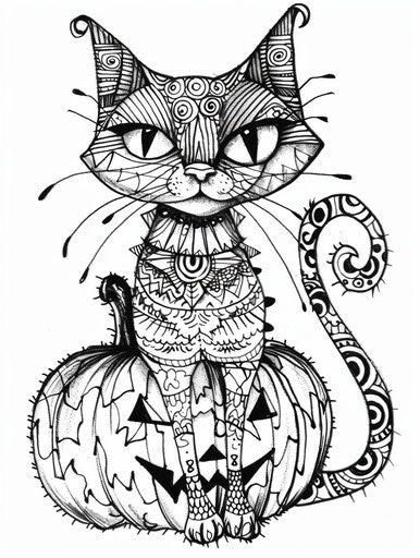 Cat coloring page, Halloween style, clean inking, soft shading, cute and colorful