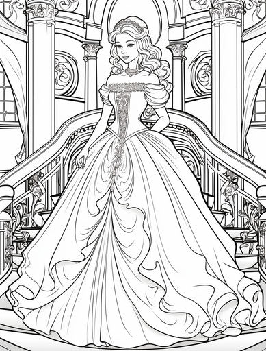 Princess of the palace coloring pages, precise lines and contours, barbiecore, dynamic colors, elongated, comic-inspired